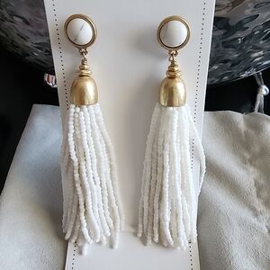 Stella & Dot Gold White Tassel Earrings with Beaded Fringe